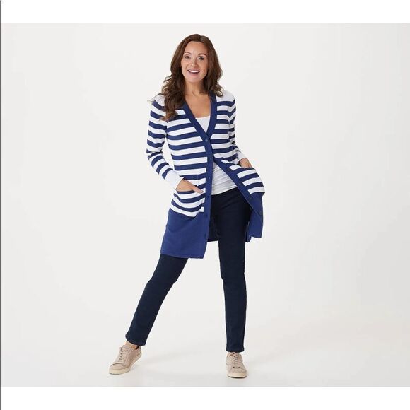 Isaac Mizrahi Live Navy Stripe Tunic Sweater - Picture 2 of 5